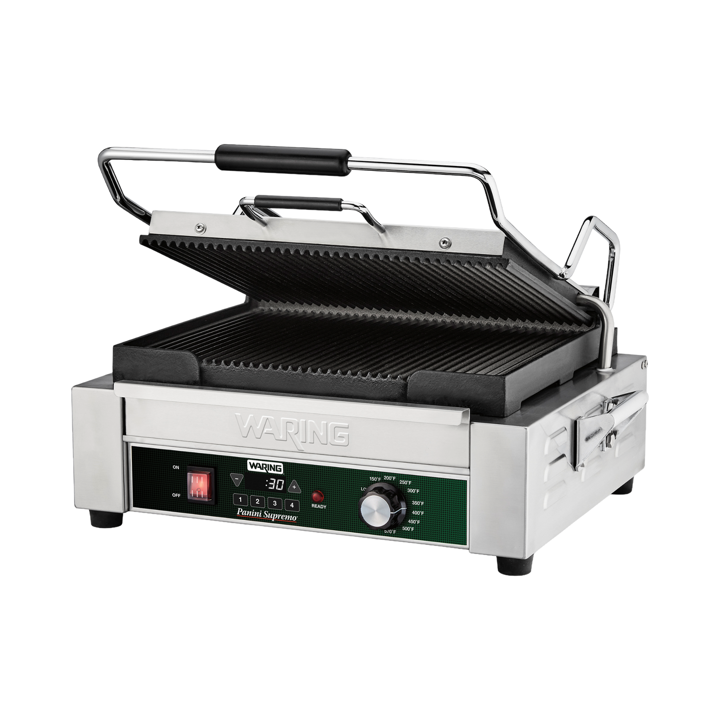 Waring WPG250X Panini Supremo 14.5" x 11" Single Ribbed Cast Iron Commercial Panini Grill with Programmable Timer - 1.8 kW, 120V