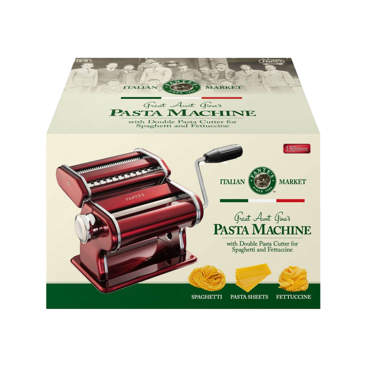 Fante's Steel Aunt Gina's Pasta Machine with Double Cutter, Red