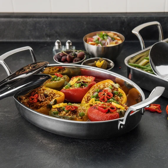 Browne 5724177 Thermalloy Tri-Ply Stainless Steel Oval Roast Pan 12" x 10", 2.6 qt