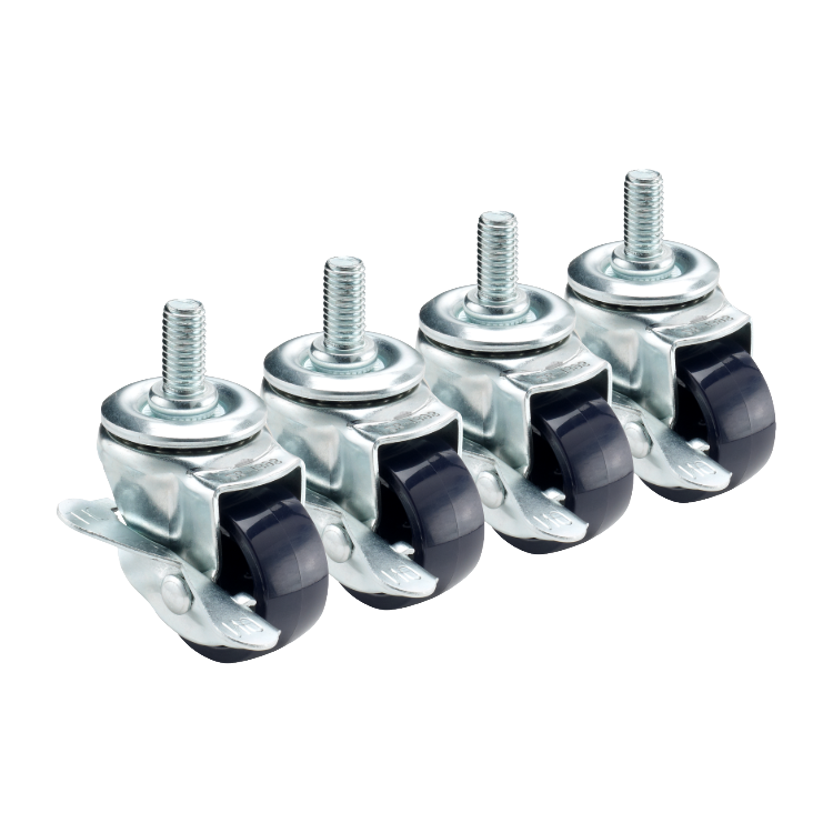 Krowne 2" Low Profile Swivel Casters with Brake, 1/2"-13 x 1" Threaded Stem (Set of 4)