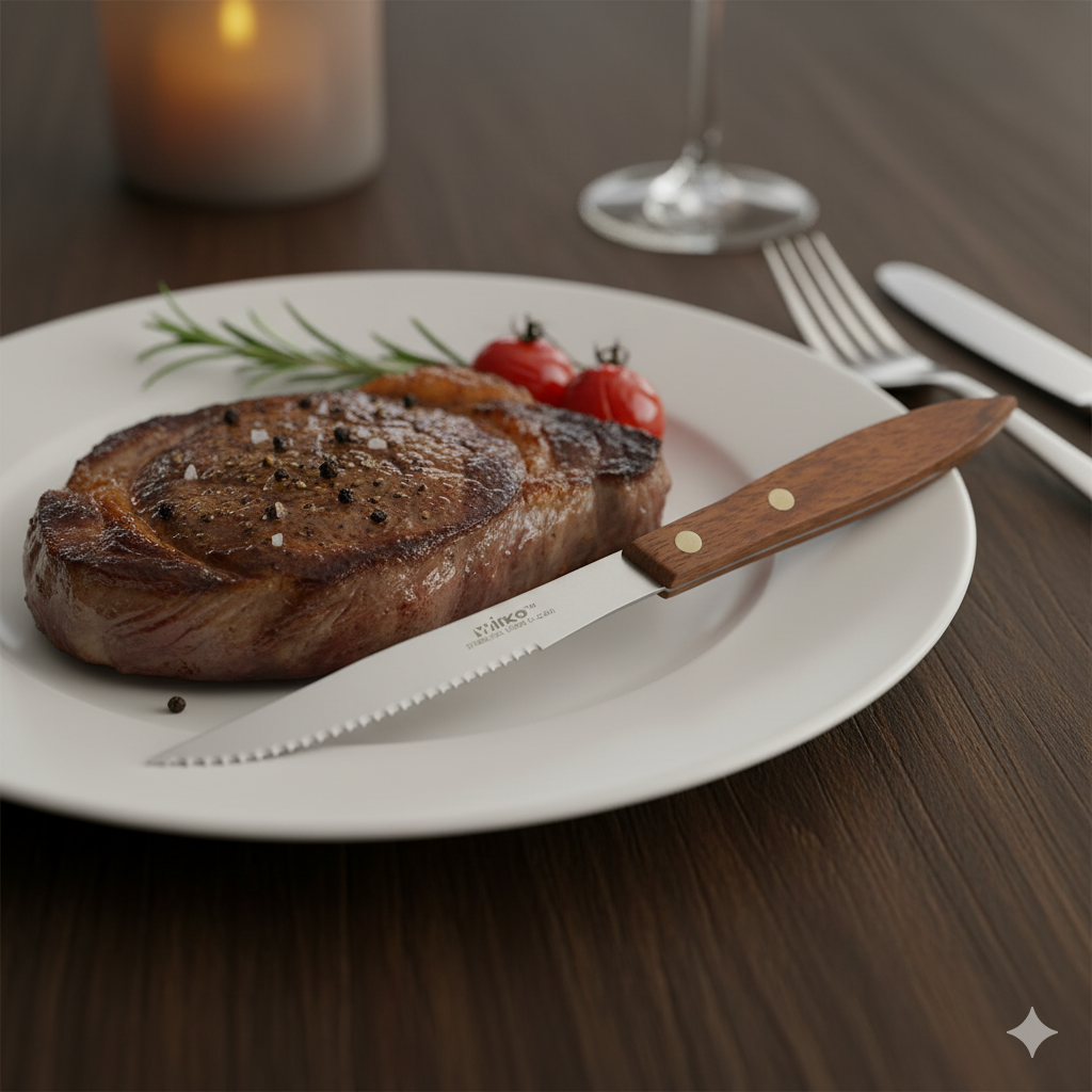 Winco Stainless Steel Steak Knife 9.25" with Wooden Handle 9.25" O.A.L. K-438W - 12/Pack