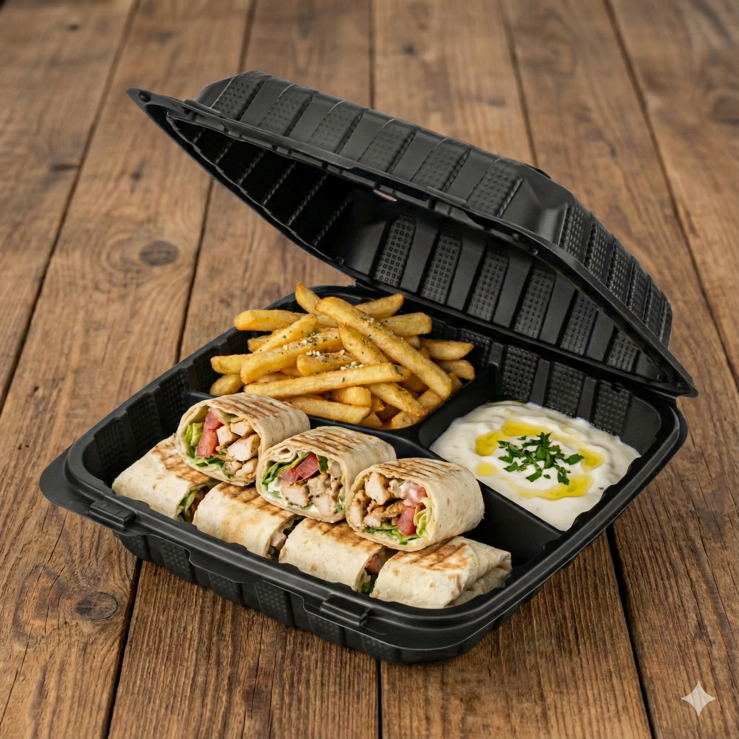 Mineral-Filled 3 Comp Hinged Take-Out Container Black 9" x 9" - 120/Case