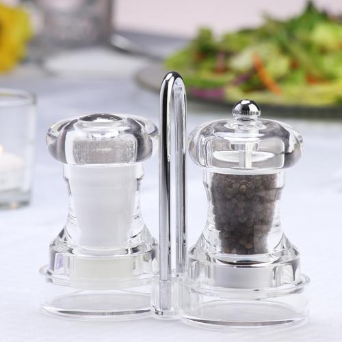 Chef Specialties Inc Acrylic Pepper Mill & Salt Shaker Set w/ Rack 4" 01630