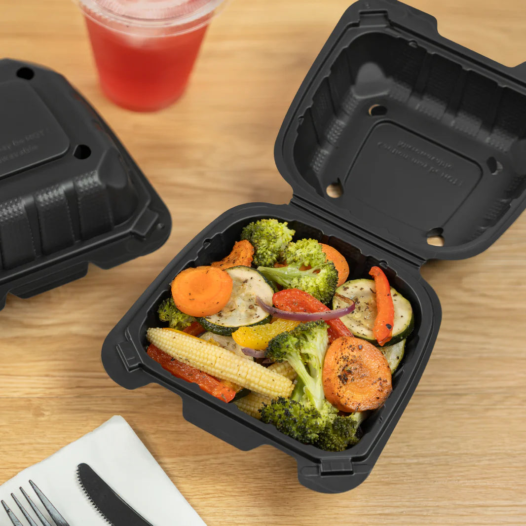 Mineral-Filled 1 Comp Hinged Take-Out Container Black 6" x 6" - 400/Case