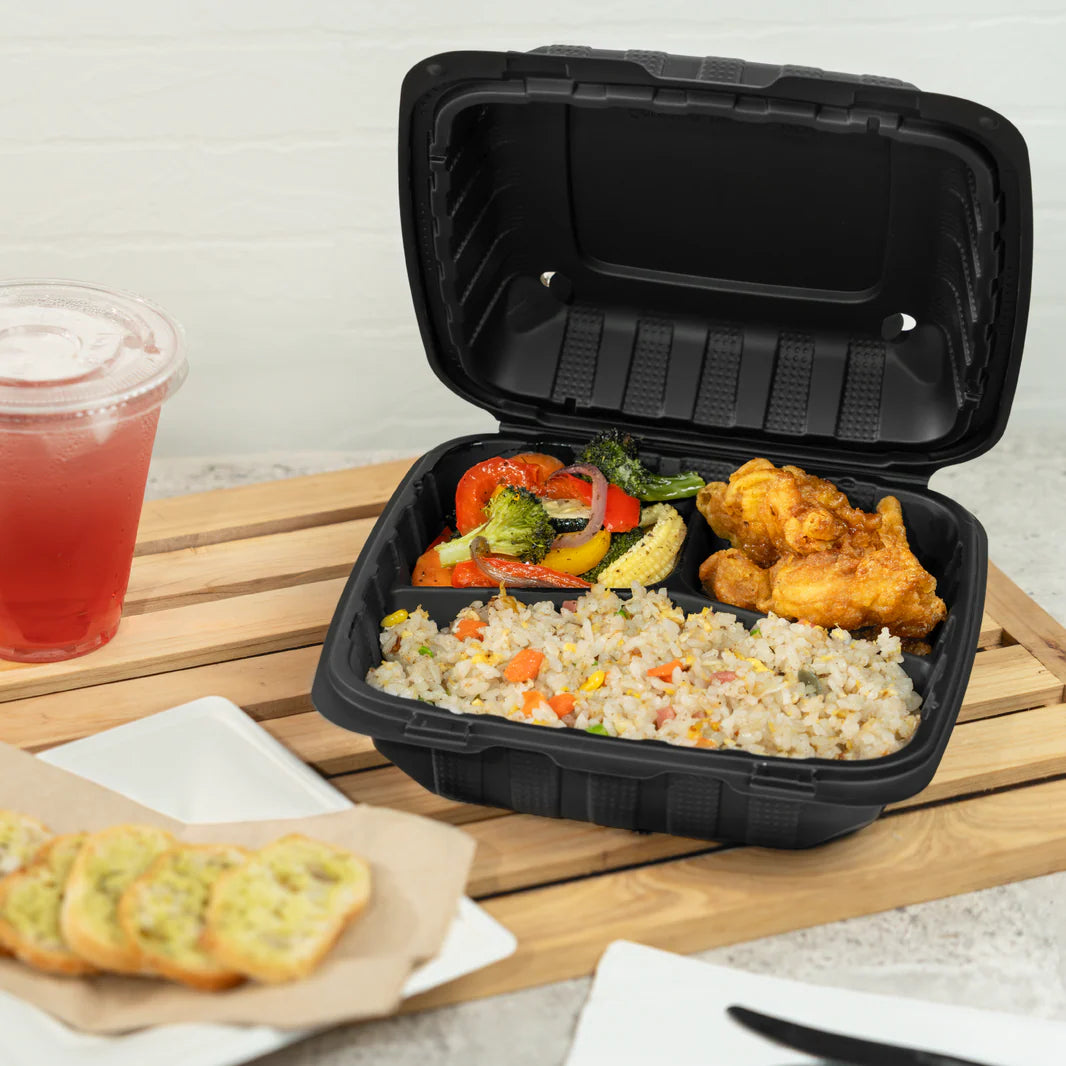 Mineral-Filled 3 Comp Hinged Take-Out Container Black 8" x 8" - 200/Case