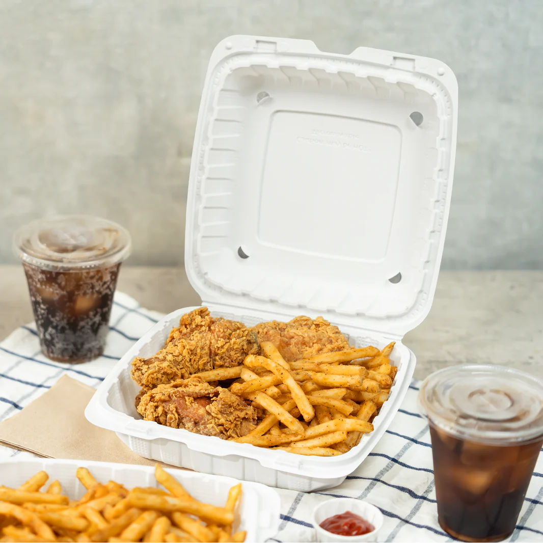 Mineral-Filled 1 Comp Plastic Hinged Take-Out Container White 9" x 9" - 150/Case
