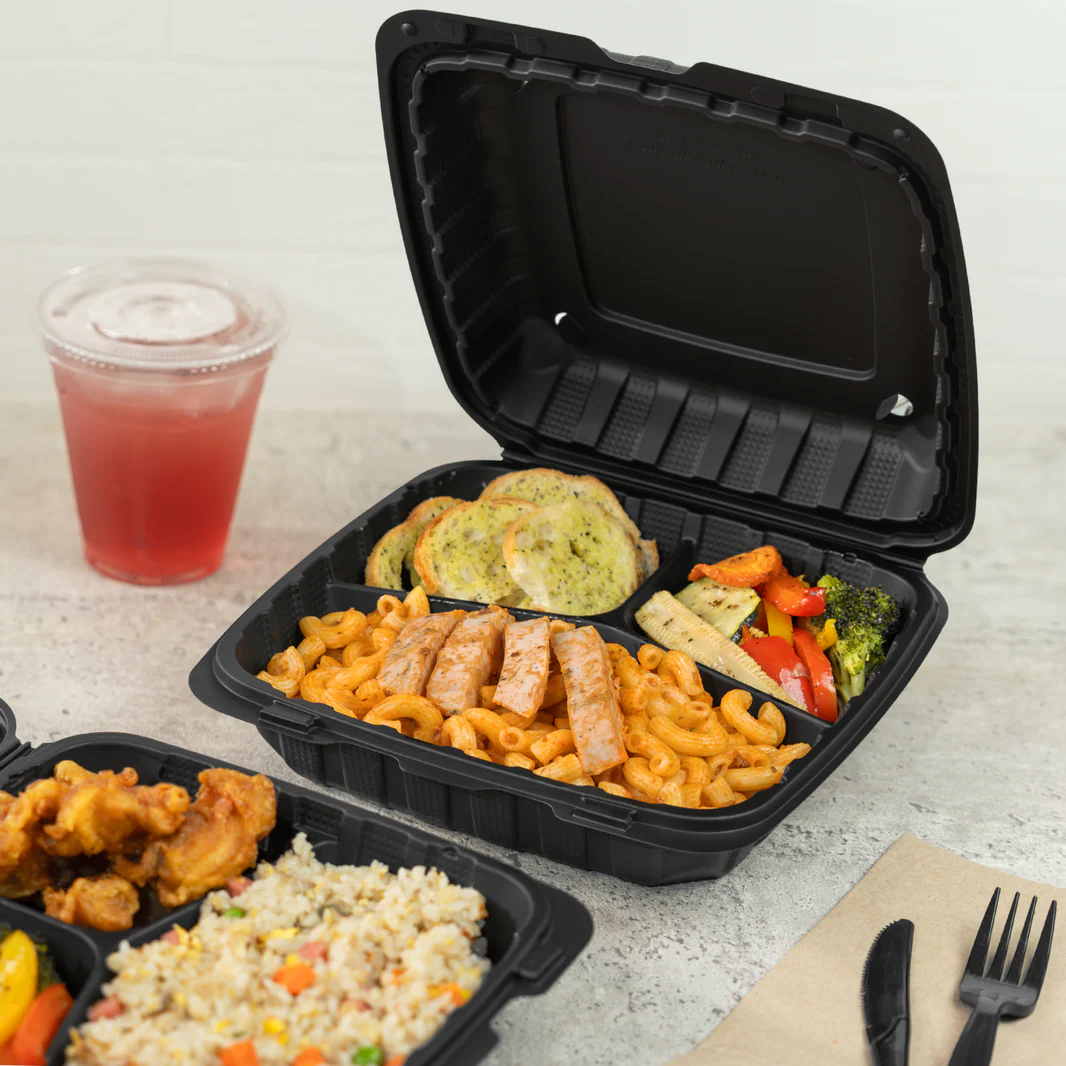 Mineral-Filled 3 Comp Hinged Take-Out Container Black 9" x 9" - 120/Case