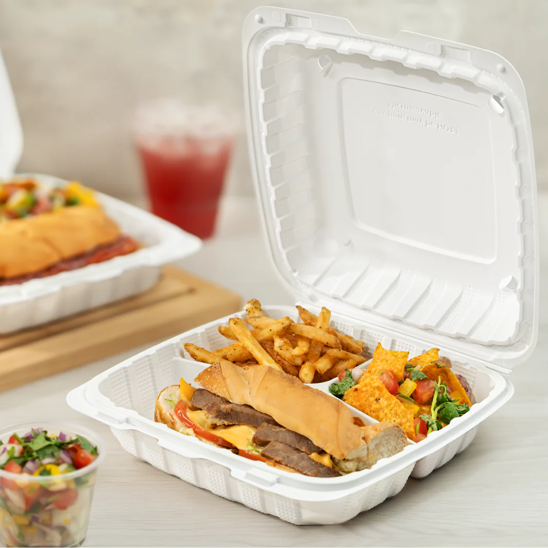 Mineral-Filled 3 Comp Plastic Hinged Take-Out Container White 9" x 9" - 150/Case