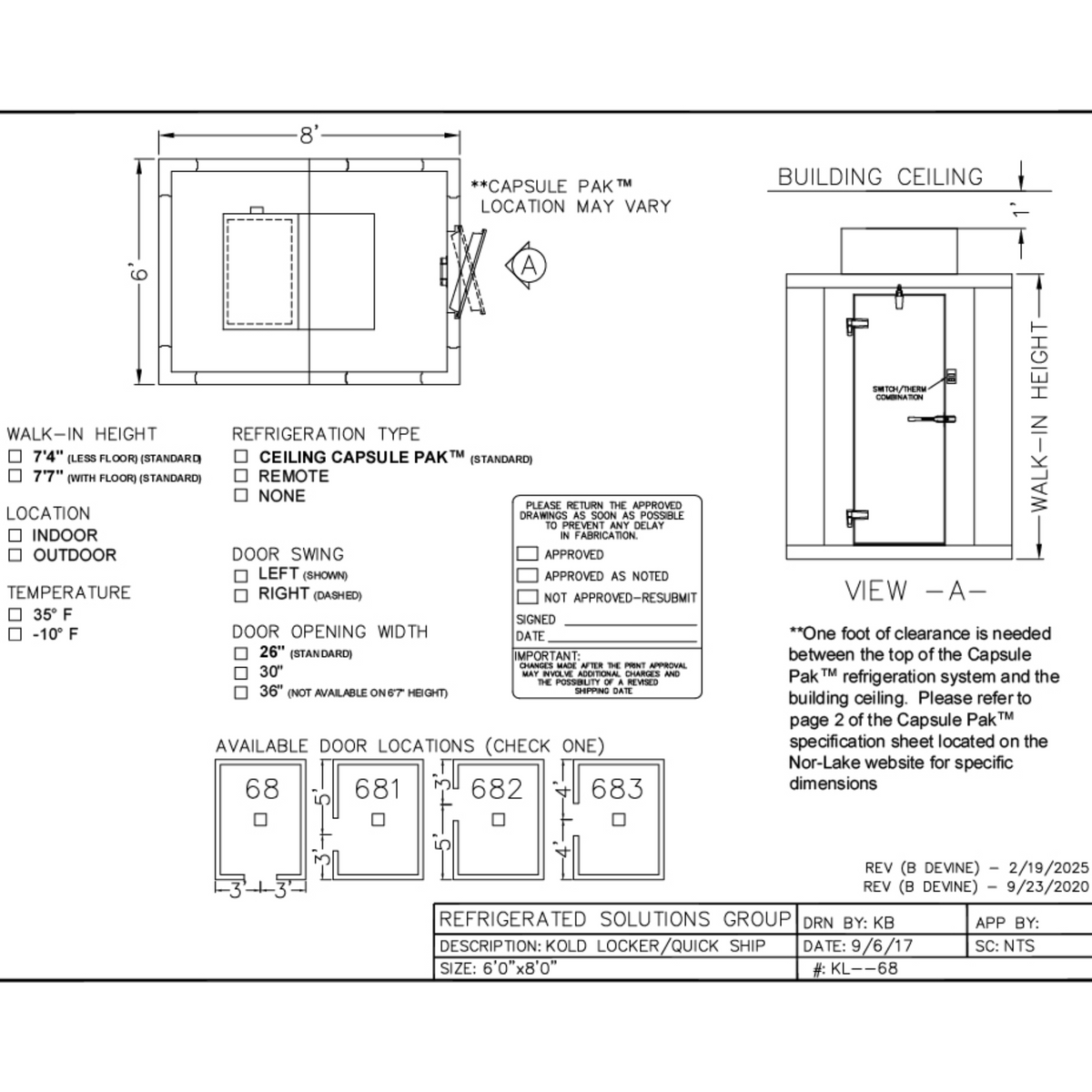 Norlake Kold Locker 6' x 8' x 7'7" Indoor Walk-In Cooler with Floor & Capsule Pak (Left Hinge, 30" Door) – Clearance / Unassembled Kit