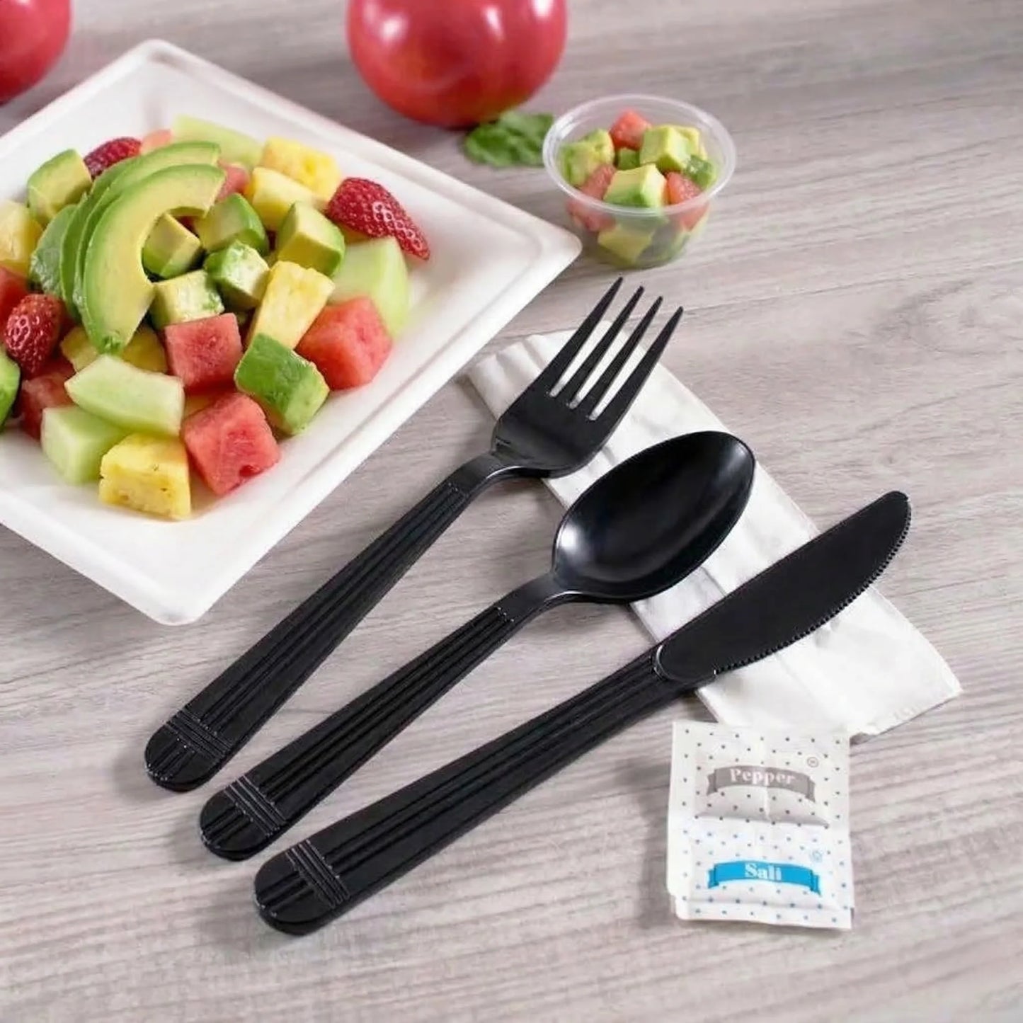 Heavy Weight Wrapped Polystyrene 6 Piece Cutlery Kit Black - 250/Case