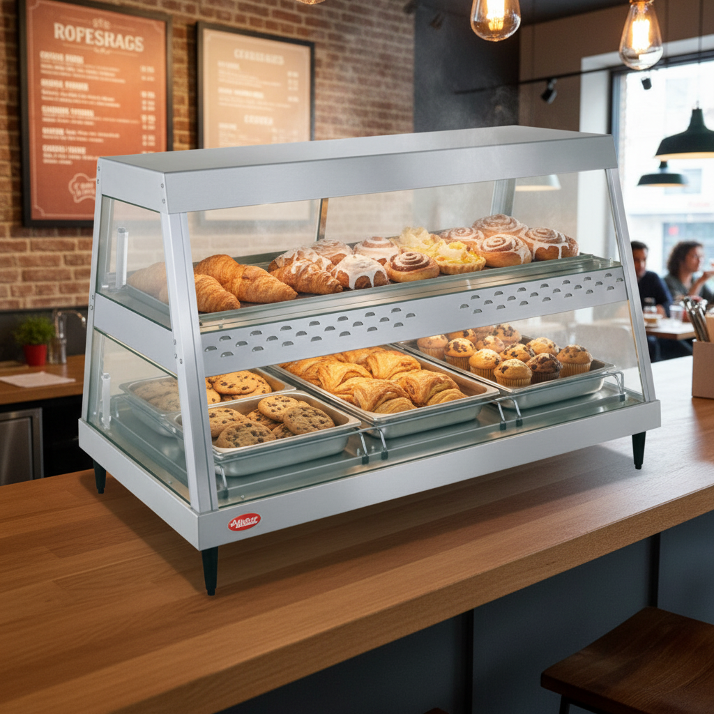 Hatco Glo-Ray® Countertop Heated Glass Display Case 45.5"W Dual Shelves Stainless Steel & Aluminum Construction