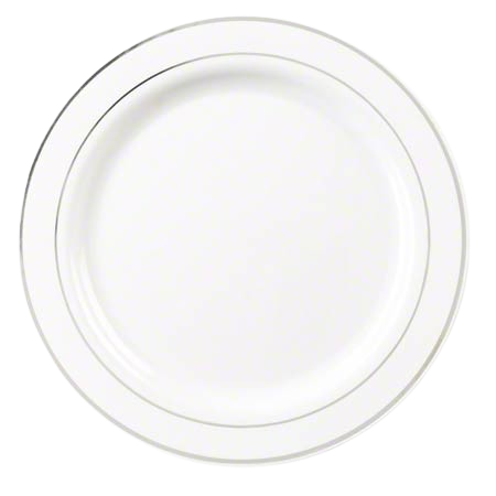 EMI GlimmerWare® White/Silver Plastic Plate 9" EMI-GWP9WS - 120/Case