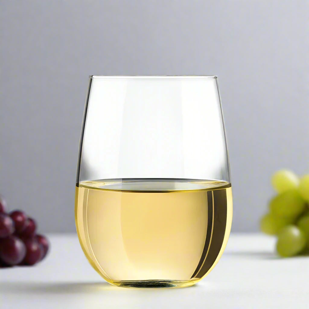Clear glass filled with white wine on a white background