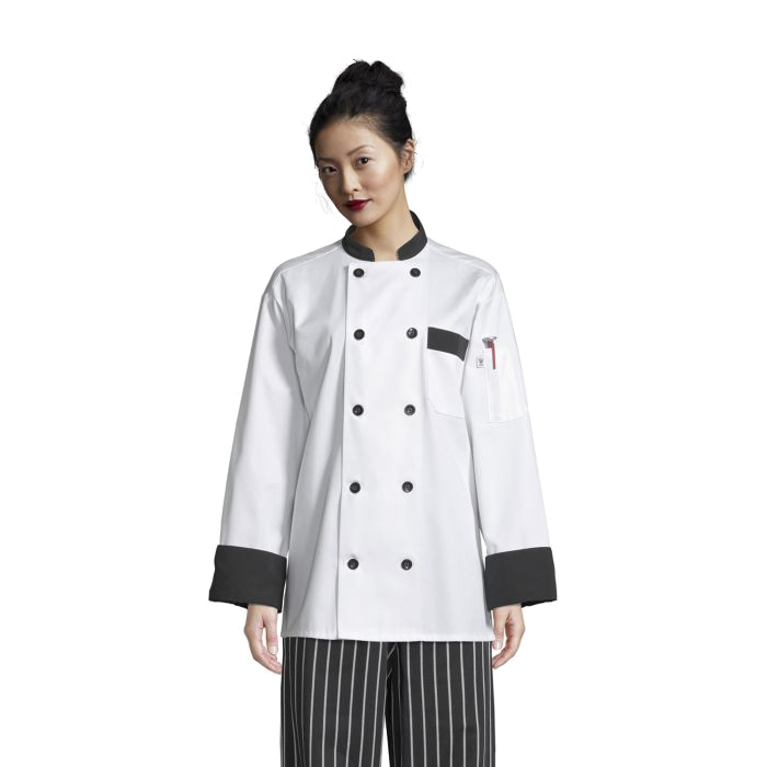 Uncommon Threads Chef Coat Small White w/ Black Trim Unisex 65/35 Poly/Cotton Twill