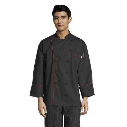 Uncommon Threads Murano Chef Coat Medium Black w/ Red Unisex 65/35 Poly/Cotton Twill