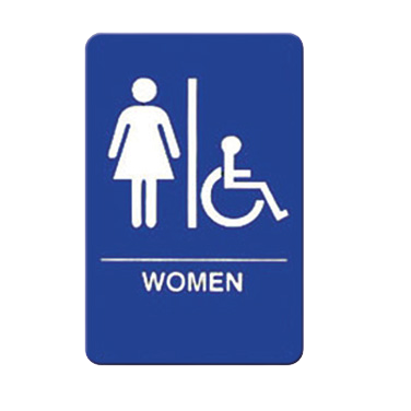 "WOMEN/Accessible" Sign With Symbol & Braille Blue & White 6" W x 9" H