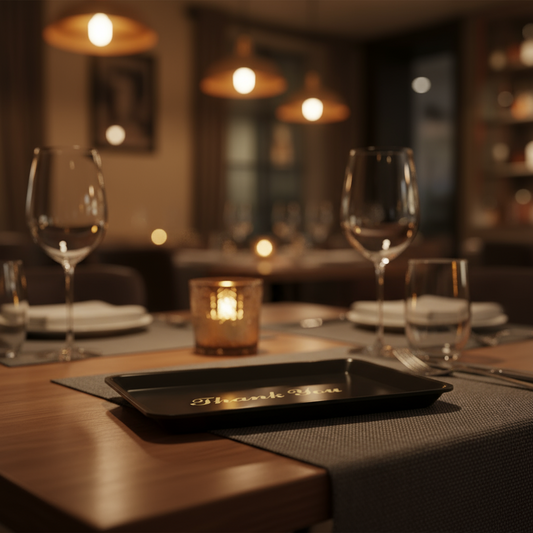 Winco Rectangular Plastic Black Tip Tray "Thank You" with Gold Imprint TT-46 - 12/Pack