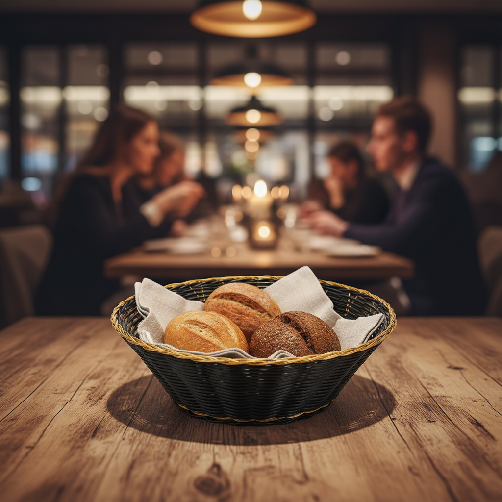 superior-equipment-supply - Winco - Round Black Poly Woven Basket Black 8-1/2" Diameter X 2-1/4" High With Gold Trim - One Dozen