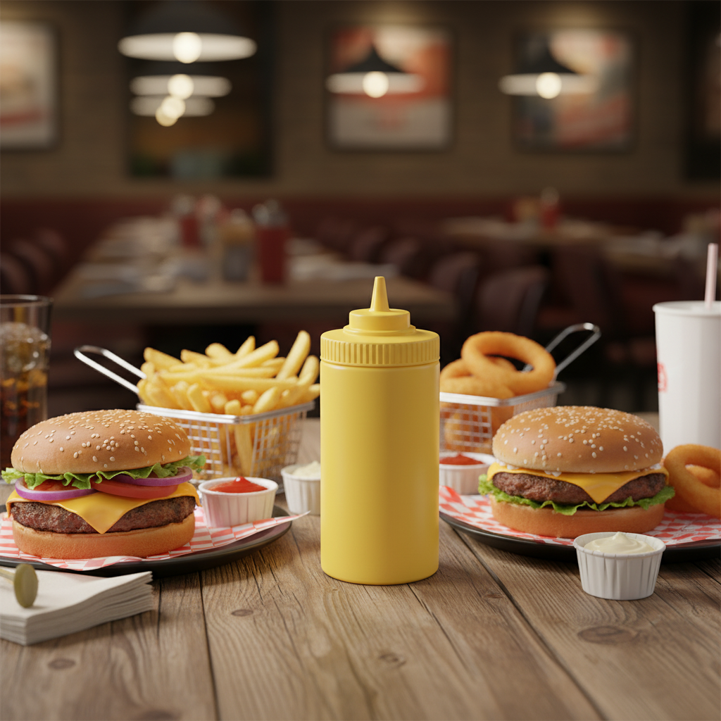 Winco Squeeze Bottle Yellow Plastic 32 oz. Wide Mouth PSW-32Y - 6/Pack