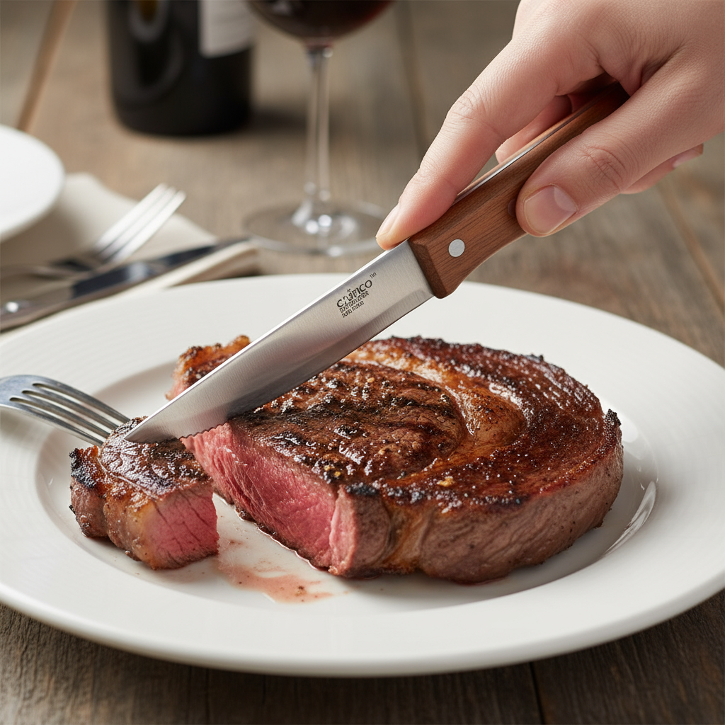 Winco Jumbo Steak Knife 5" Heavy Duty Blade with Oak Wood Handle 10" O.A.L. - 12/Pack