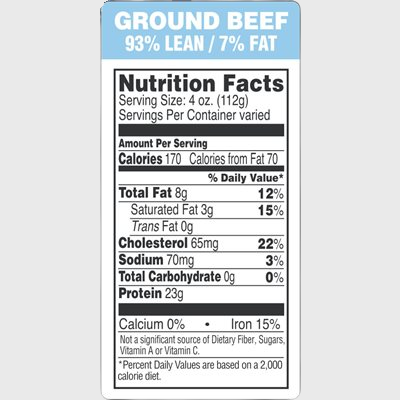 Nutritional Grind Label Ground Beef 93% Lean / 7% Fat - 1,000/Roll