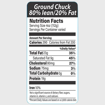 Nutritional Grind Label Ground Chuck 80% Lean / 20% Fat - 1,000/Roll