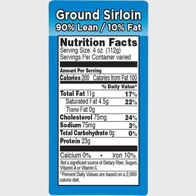 Nutritional Grind Label Ground Sirloin 90% Lean / 10% Fat - 1,000/Roll