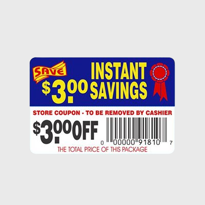 Coupon And Discount Label Instant Savings-$3.00 Off Tear Off - 250/Roll