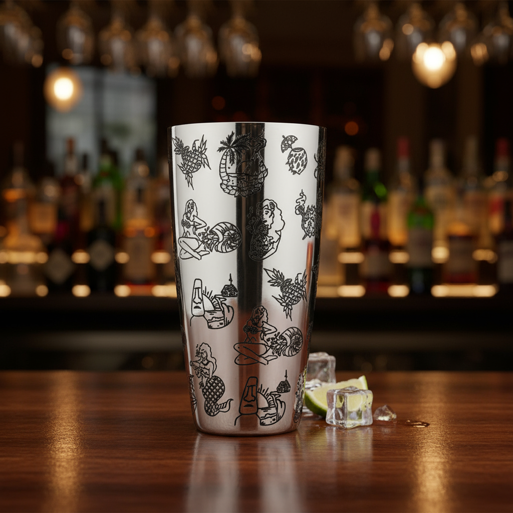 Barfly Stainless Steel Tiki Shaker w/ Tiki Etched Design 28 oz. M37092