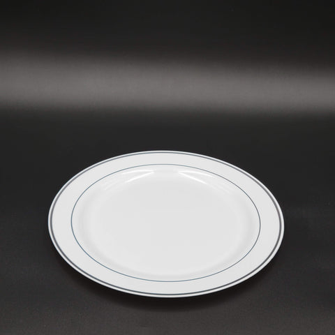 White Plastic Plate With Silver Bands 10" - 12/Pack