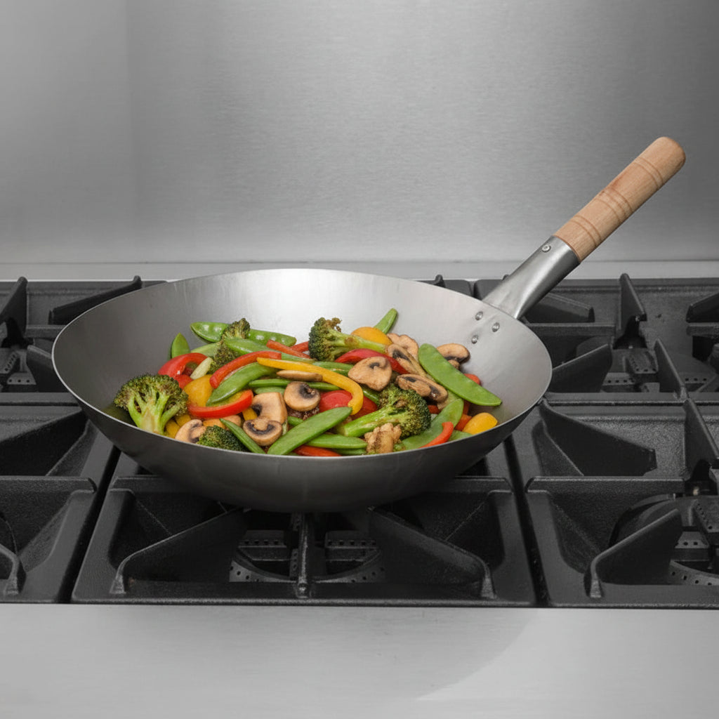 Town Mandarin Wok Pan Flat Bottom Wood Handle 14" 34704