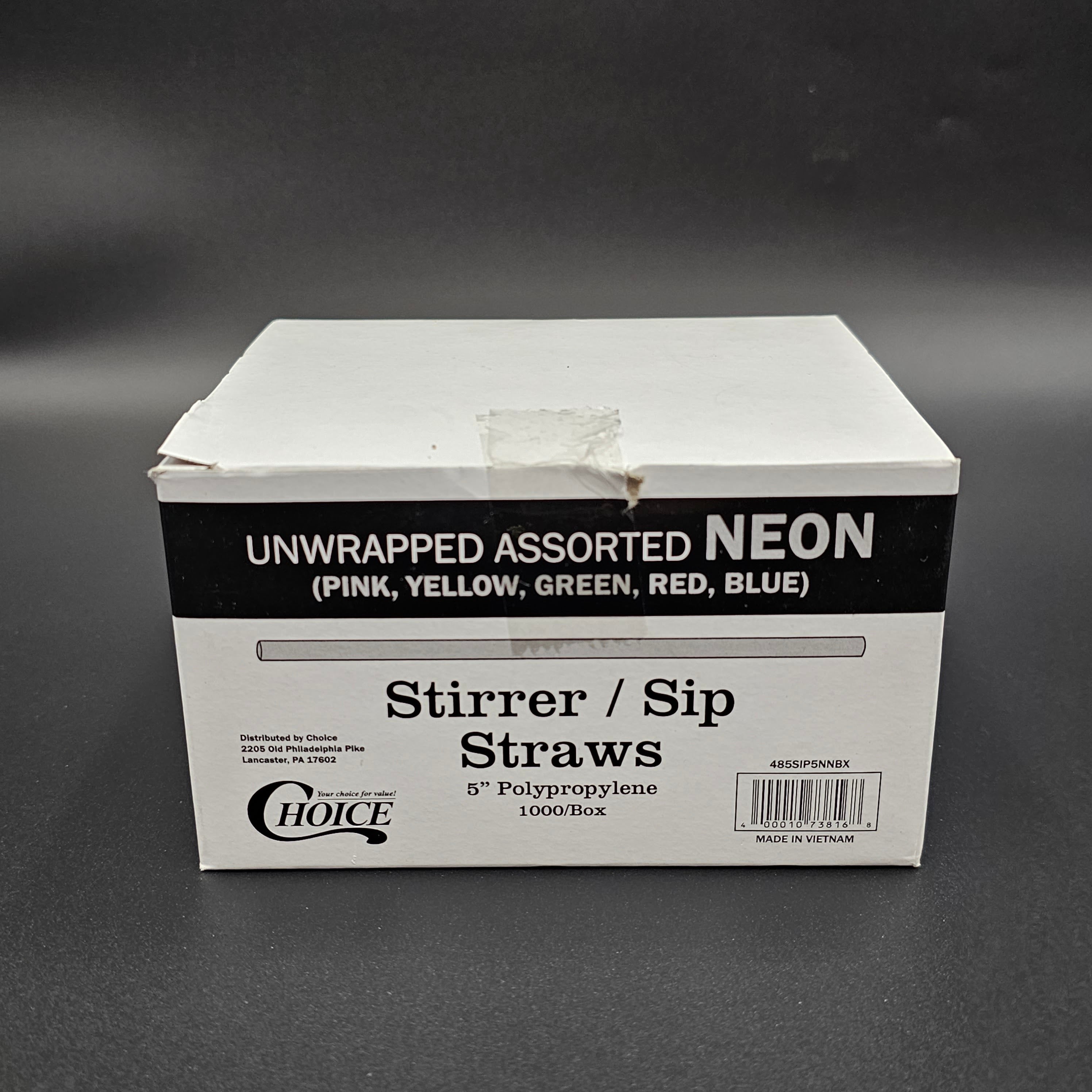 Beverage Assorted Neon Stirrer/Sip Straw Unwrapped 5" - 1000/Box