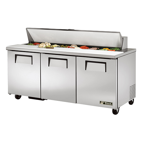 True Stainless Steel 3 Doors Sandwich/Salad Unit Eighteen 4" Deep Poly Pan Capacity TSSU-72-18-HC