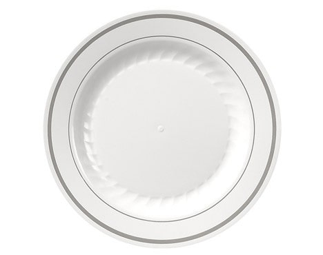 Visions White Plastic Plate with Silver Bands  10" - 12/Pack