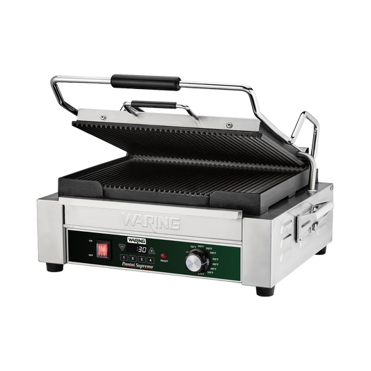 Waring WPG250X Panini Supremo 14.5" x 11" Single Ribbed Cast Iron Commercial Panini Grill with Programmable Timer - 1.8 kW, 120V