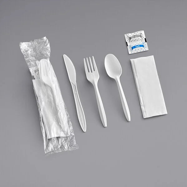 Medium Weight Wrapped Polypropylene 6 Piece Cutlery Kit White - 250/Case