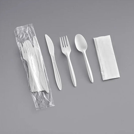 Medium Weight Wrapped Polypropylene 4 Piece Cutlery Kit White - 250/Case