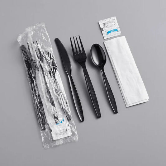 Heavy Weight Wrapped Polystyrene 6 Piece Cutlery Kit Black - 250/Case