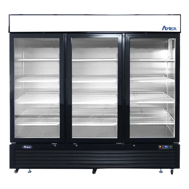 Atosa Three-Section Bottom Mount Glass Door Refrigerator Black 82"W