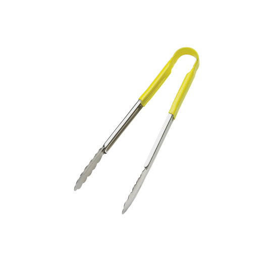 Browne 5511YL Yellow PVC Coated One-Piece Stainless Steel Tongs, 9"