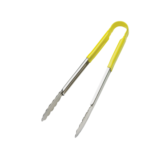 Browne 5512YL Yellow PVC Coated One-Piece Stainless Steel Tongs, 12"