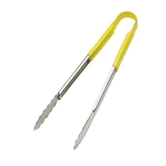 Browne 5513YL Yellow PVC Coated One-Piece Stainless Steel Tongs, 16"