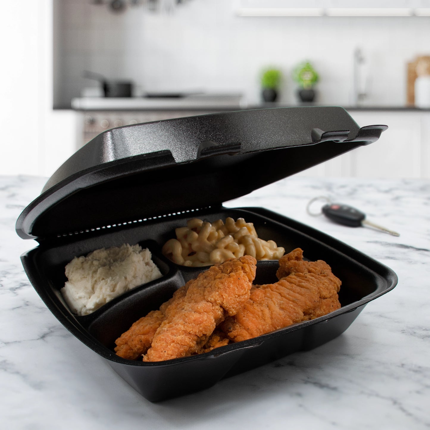 Ecopax Foam Hinged Three Compartment Carryout Container Black 9" x 9" x 3" RE993-BLACK - 200/Case