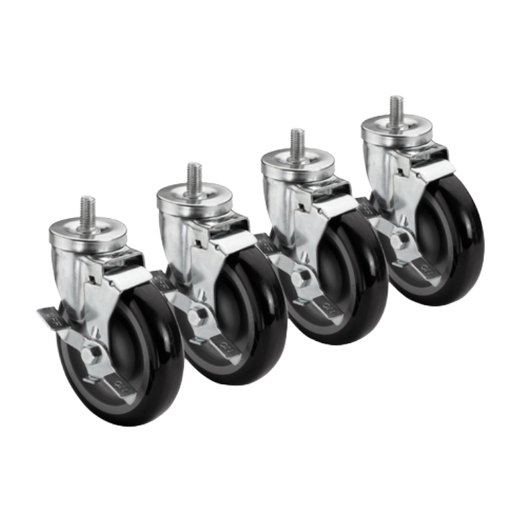 Krowne 5" Swivel Casters with Brake, 3/4"-10 x 1" Threaded Stem (Set of 4)