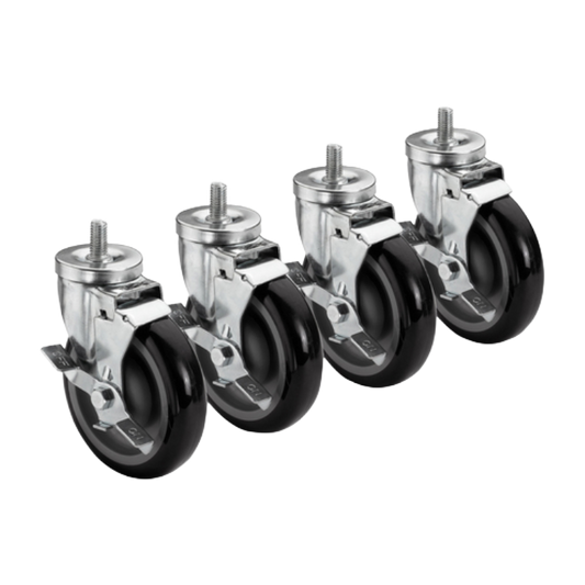 Krowne 5" Swivel Casters with Brake, 3/4"-10 x 1" Threaded Stem (Set of 4)