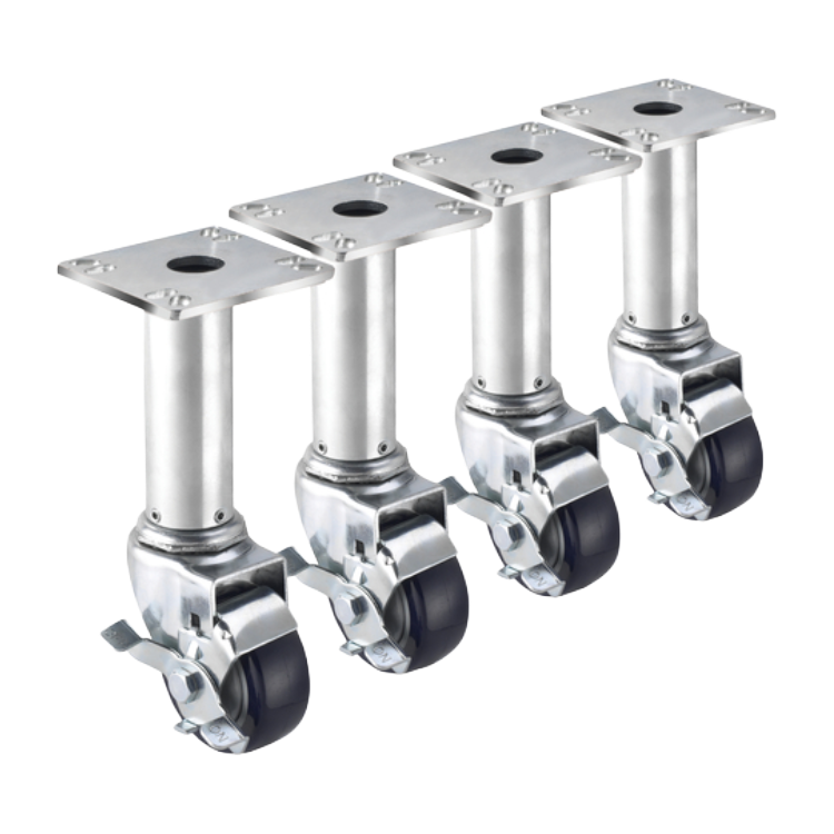 Krowne 3" Adjustable Height Swivel Casters with Brake, 3-1/2" x 3-1/2" Plate (Set of 4)