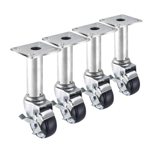 Krowne 3" Adjustable Height Swivel Casters with Brake, 3-1/2" x 3-1/2" Plate (Set of 4)