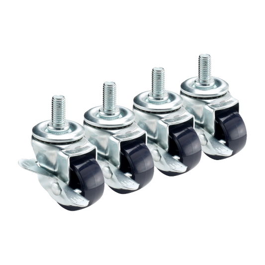 Krowne 2" Low Profile Swivel Casters with Brake, 1/2"-13 x 1" Threaded Stem (Set of 4)
