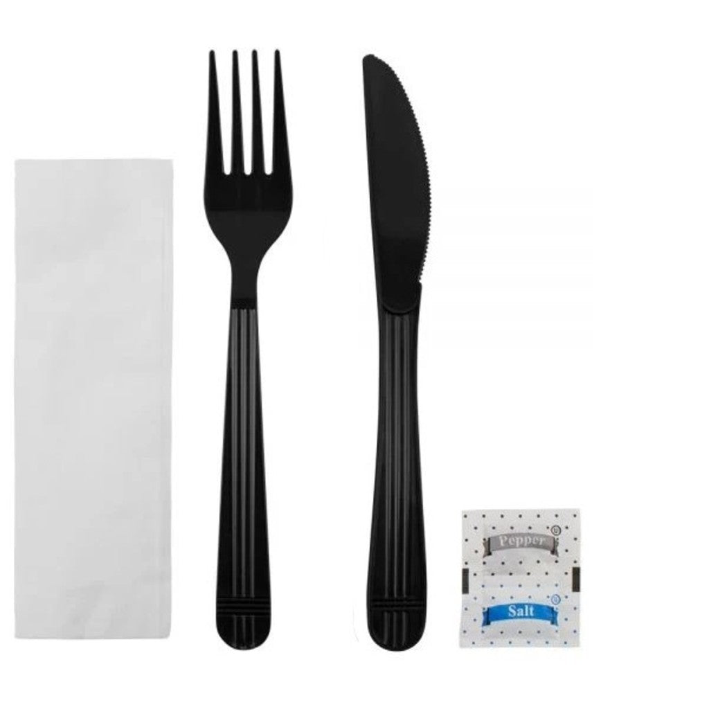 Heavy Weight Wrapped Polystyrene 5 Piece Cutlery Kit Black - 250/Case