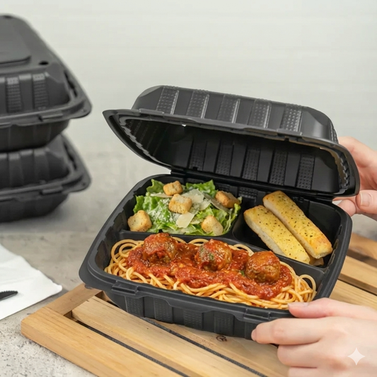 Mineral-Filled 3 Comp Hinged Take-Out Container Black 8" x 8" - 200/Case